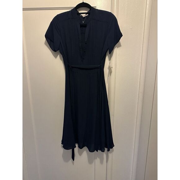 Nanette Lepore Women's Shirt Dress 8 Navy Chiffon Belted Ruffle 3/4 Sleeve Midi - Picture 1 of 4